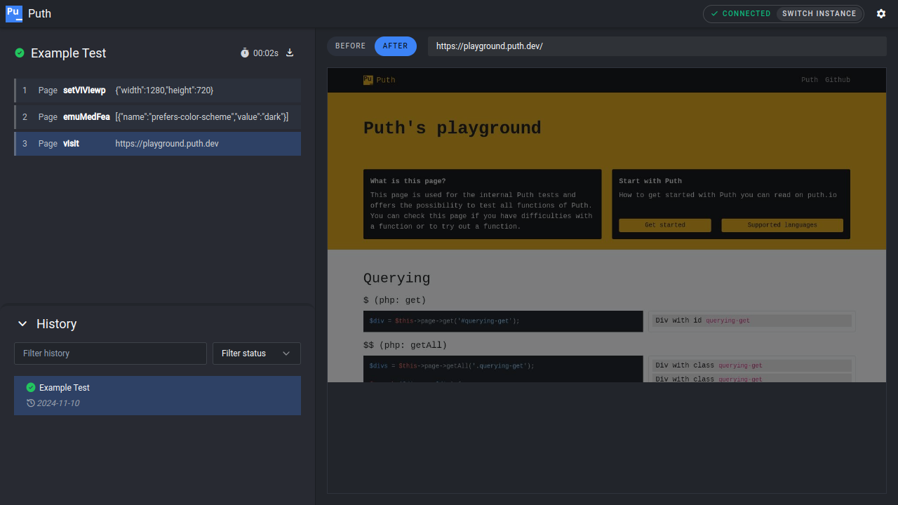 Puth GUI showing browser test commands alongside the browser viewport