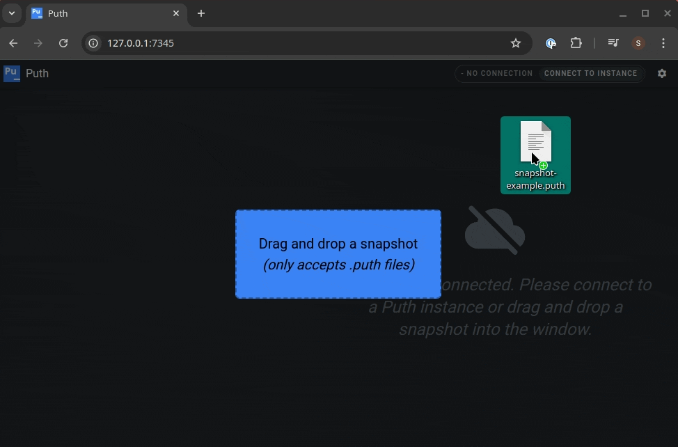 Dragging an exported snapshot into the Puth GUI to inspect a recorded test